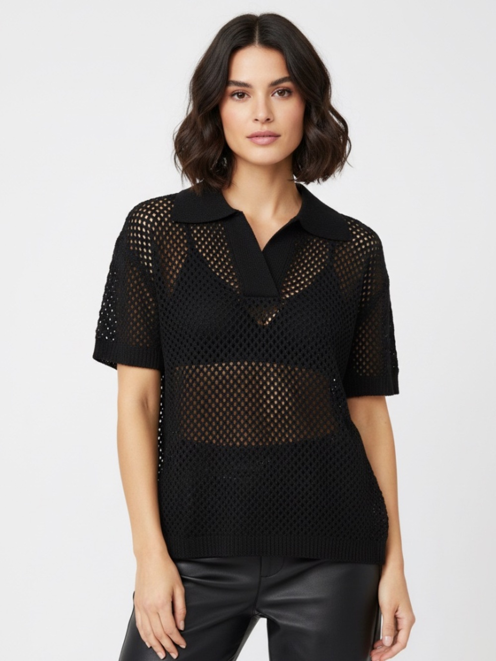 Heyday Black Open Knit Collared Sweater Top - NWOT